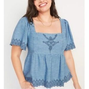 Old Navy Blue Embroidered Peplum Blouse New With Tags!